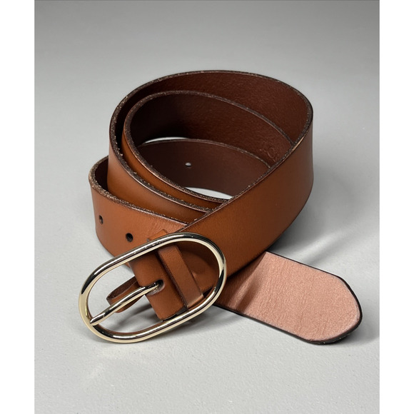 J Crew Oval Buckle Leather Belt Womens M/L Brown Gold Tone Buckle - Picture 1 of 8